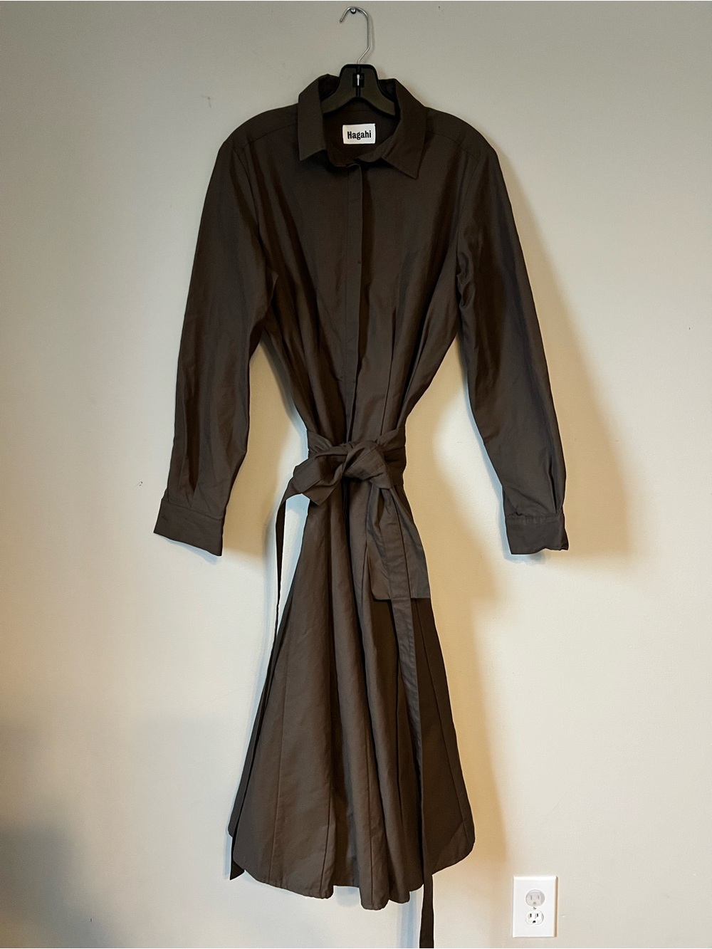 Brown Long-Sleeve Tie-Waist Shirt Dress